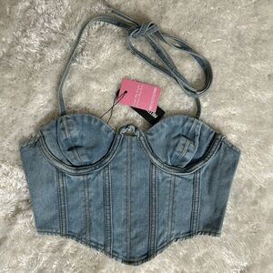 PLT petite light blue wash denim seam detail corset